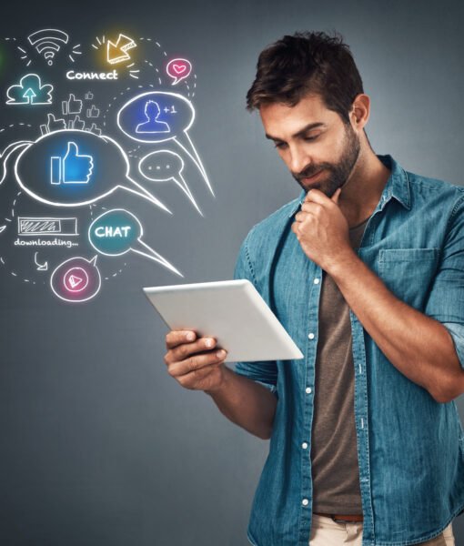 Man, icon or tablet as thinking, social media or digital marketing by seo, contact or software app. Male copywriter, touch screen or idea of online, ecommerce or business on studio grey background.